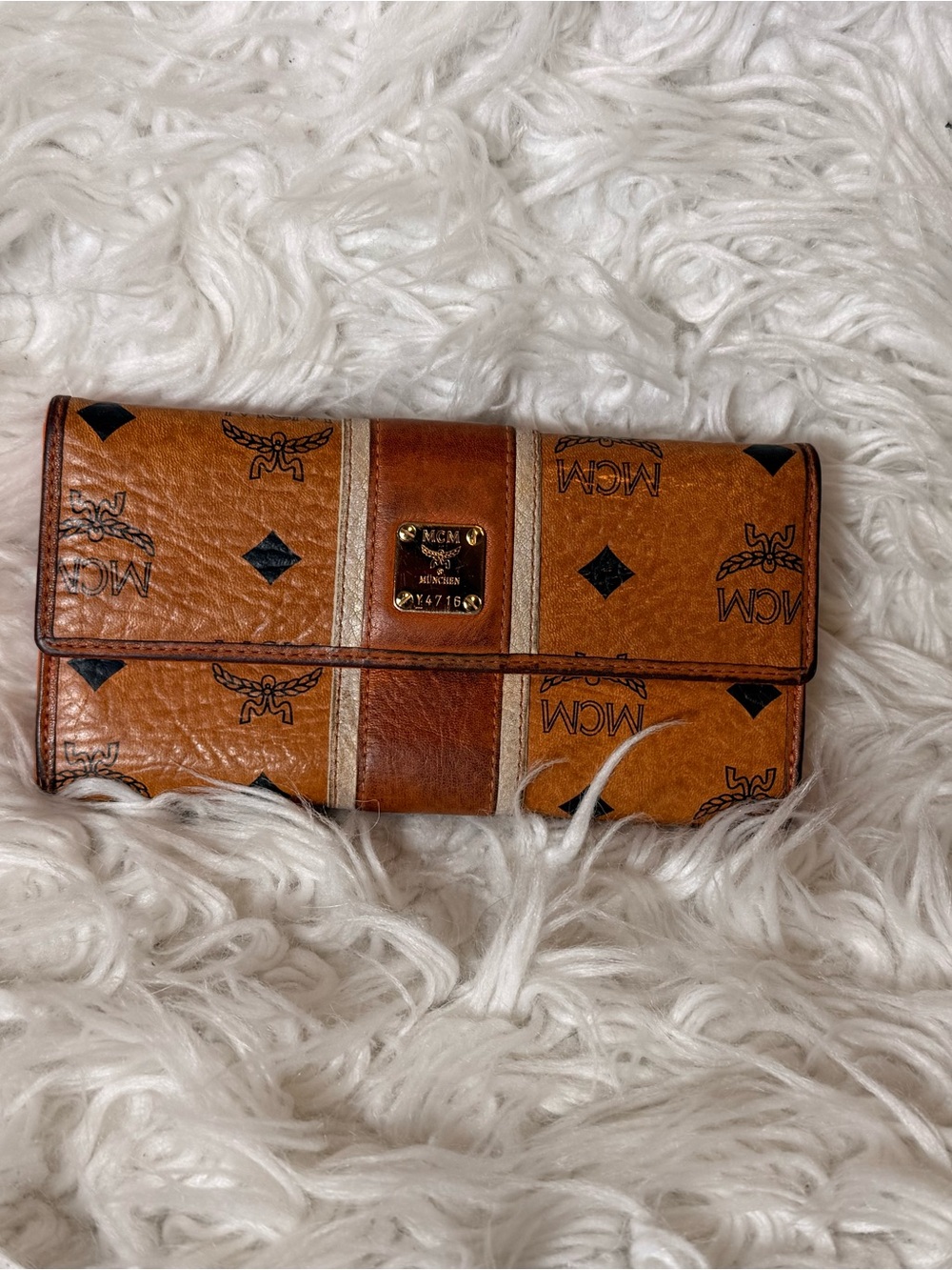 MCM Cognac Visetos Logo Continental Wallet with Tan Stripe